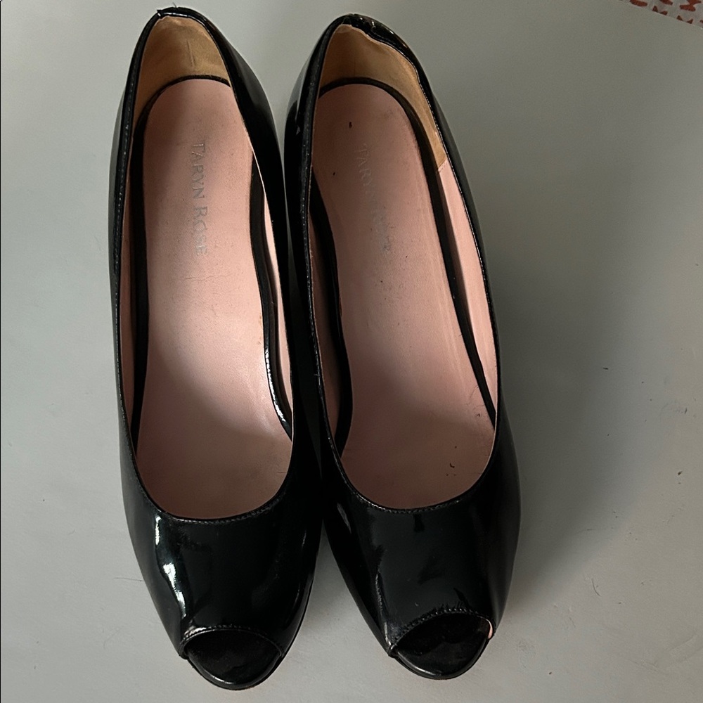 Taryn Rose Black Patent Peep-Toe Heels